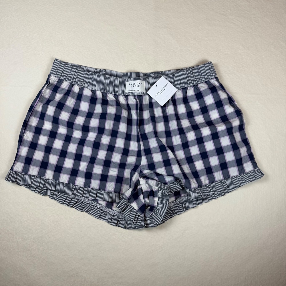 American Eagle Lounge Pajama Shorts Navy Gingham Ruffle Hem Pockets Medium NWT